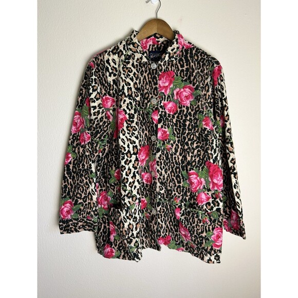 Nick & Nora XL Jungle Leopard Rose Flannel PJ Top Shirt Button Up Long Sleeve - Picture 1 of 4